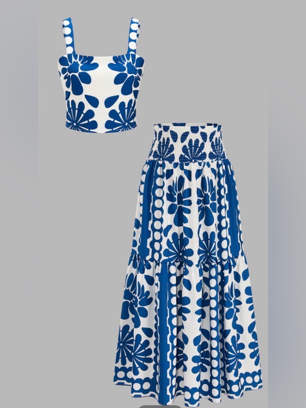 COMMENSE Floral Cami Top Smocked Maxi Skirt Set Blue White XS NWT